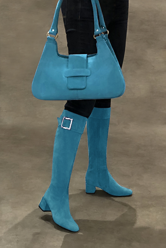 Turquoise blue women's feminine knee-high boots. Square toe. Medium block heels. Made to measure. Worn view - Florence KOOIJMAN